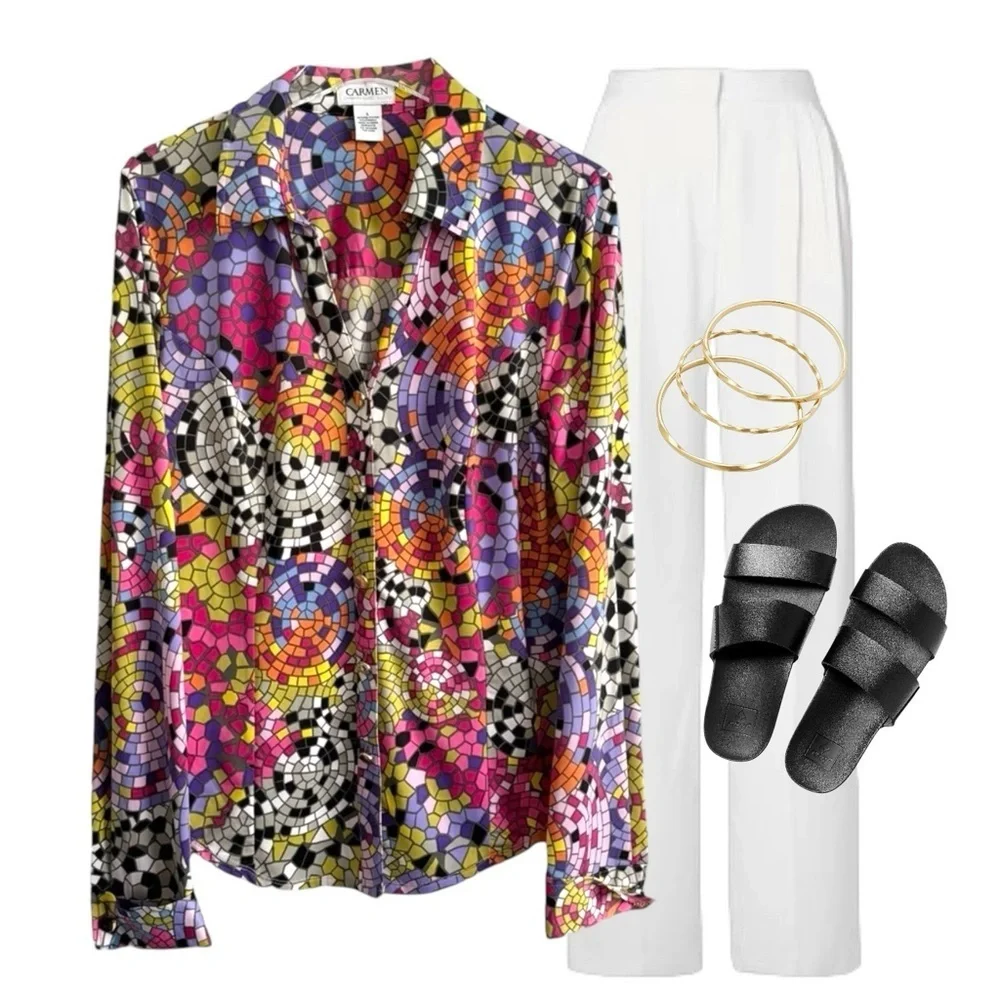 CARMEN MARC VALVO MOSAIC STAINED GLASS BUTTON DOWN SHIRT TOP SZ L - Picture 7 of 8